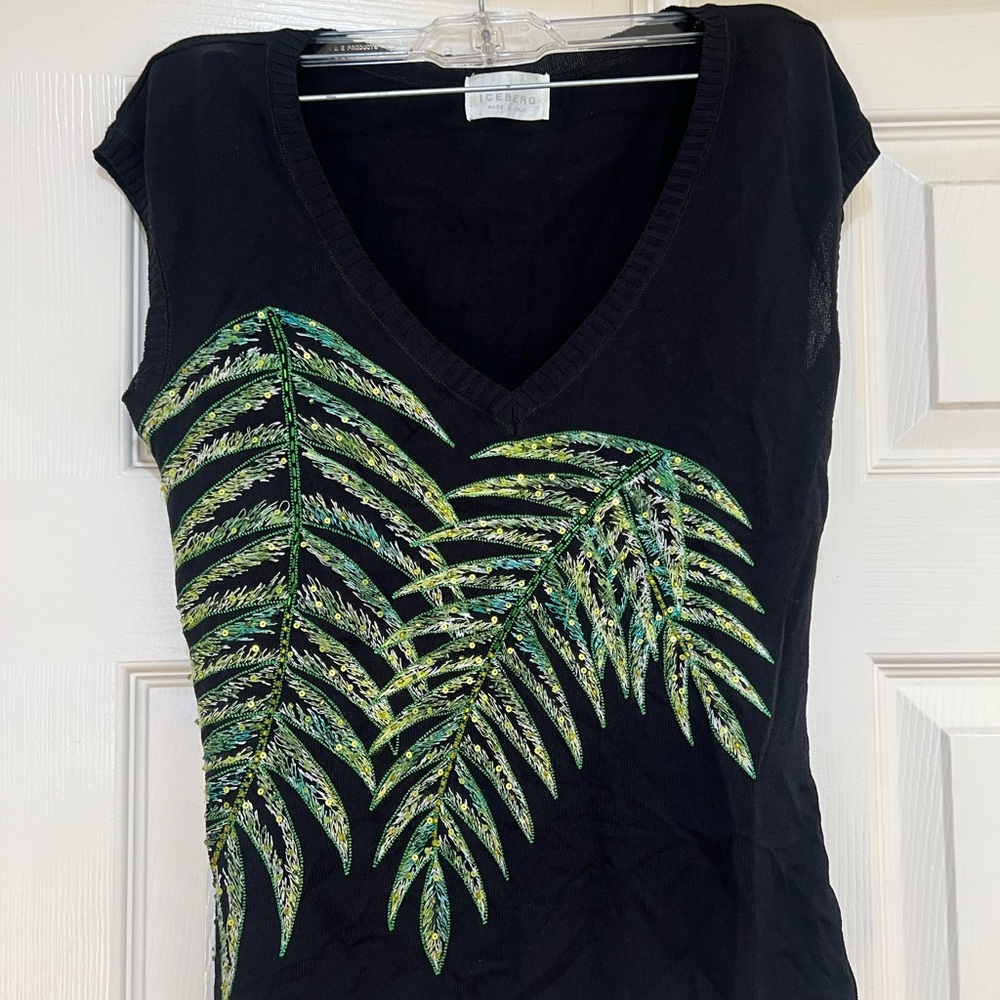 Iceberg light‎ knit sequence palm leaves embroidered short sleeves tunic top S - Picture 2 of 11